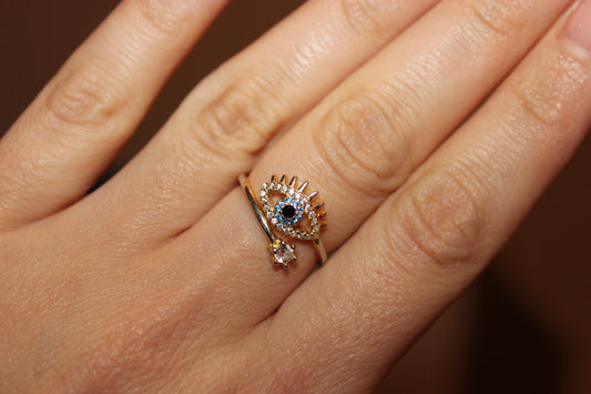 Adjustable Cubic Zirconia Evil Eye Ring - Gold & Silver