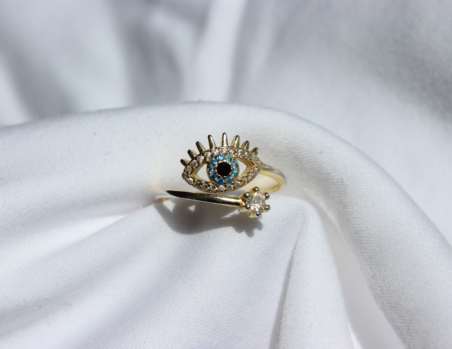 Adjustable Cubic Zirconia Evil Eye Ring - Gold & Silver