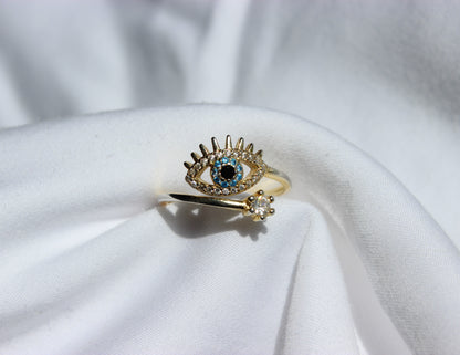 Adjustable Cubic Zirconia Evil Eye Ring - Gold & Silver