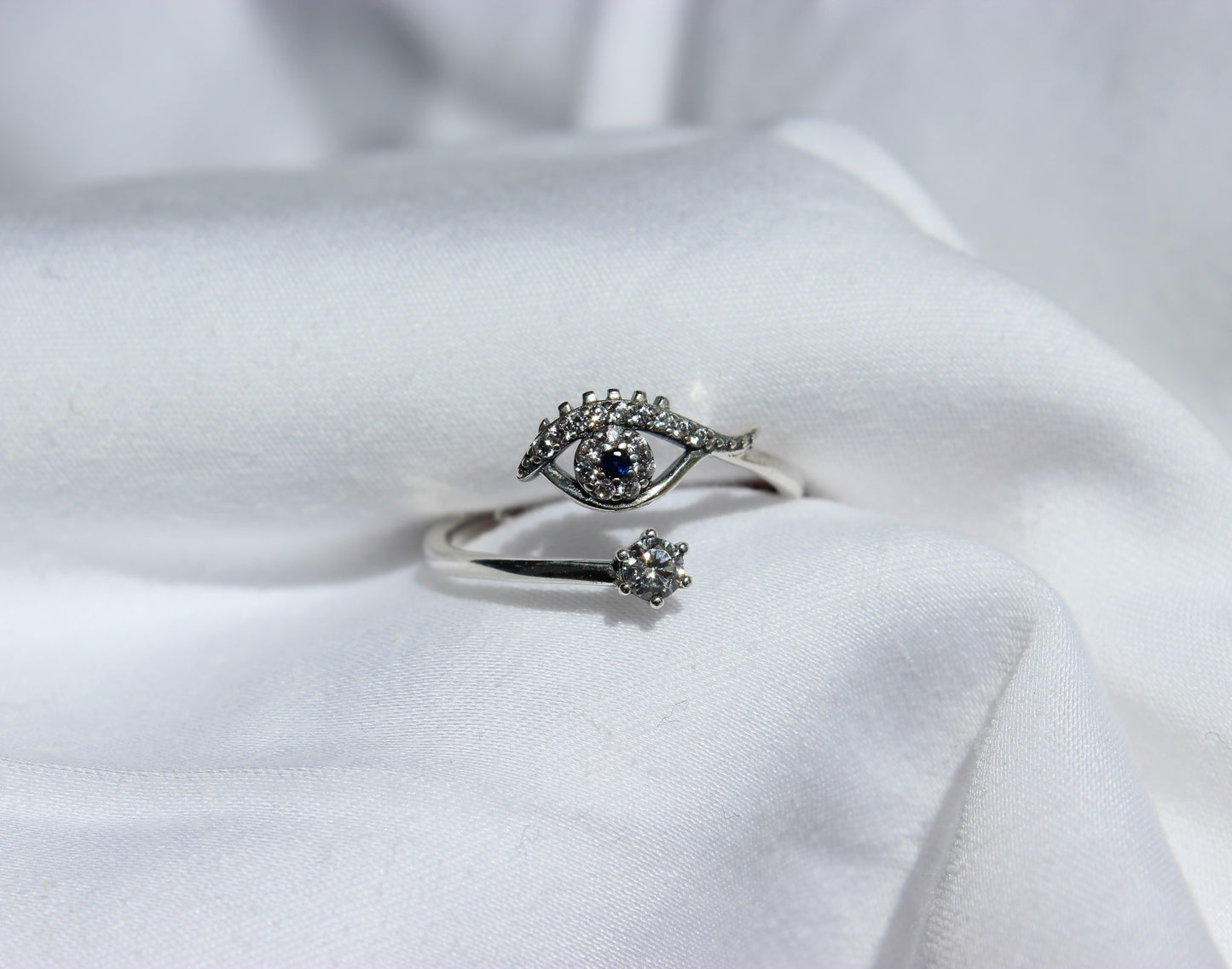 Adjustable Cubic Zirconia Evil Eye Ring - Gold & Silver