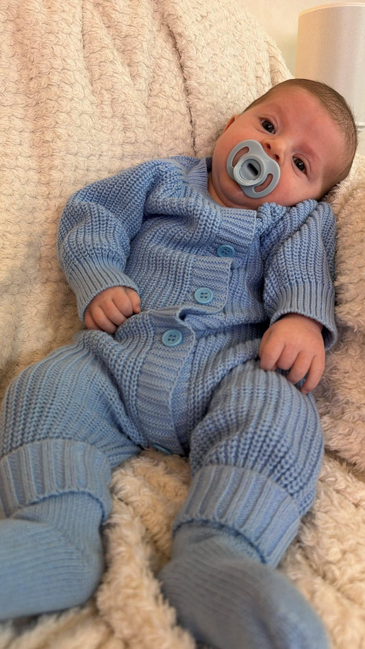 Blue Knitted Cotton Baby Onesie
