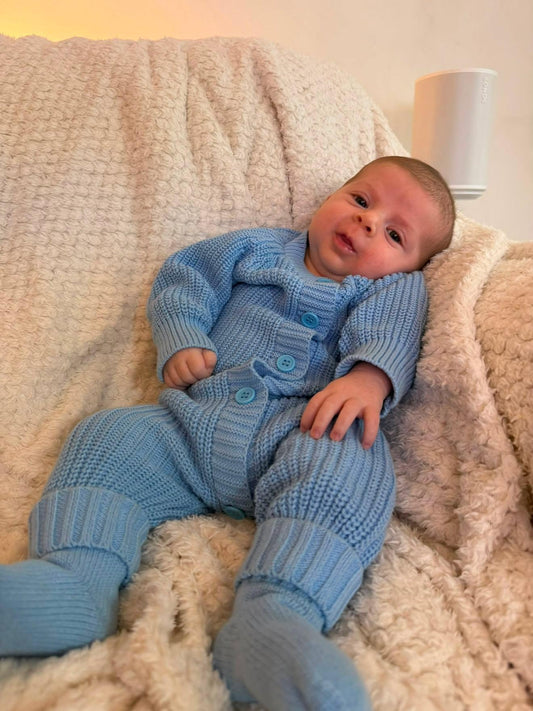 Blue Knitted Cotton Baby Onesie